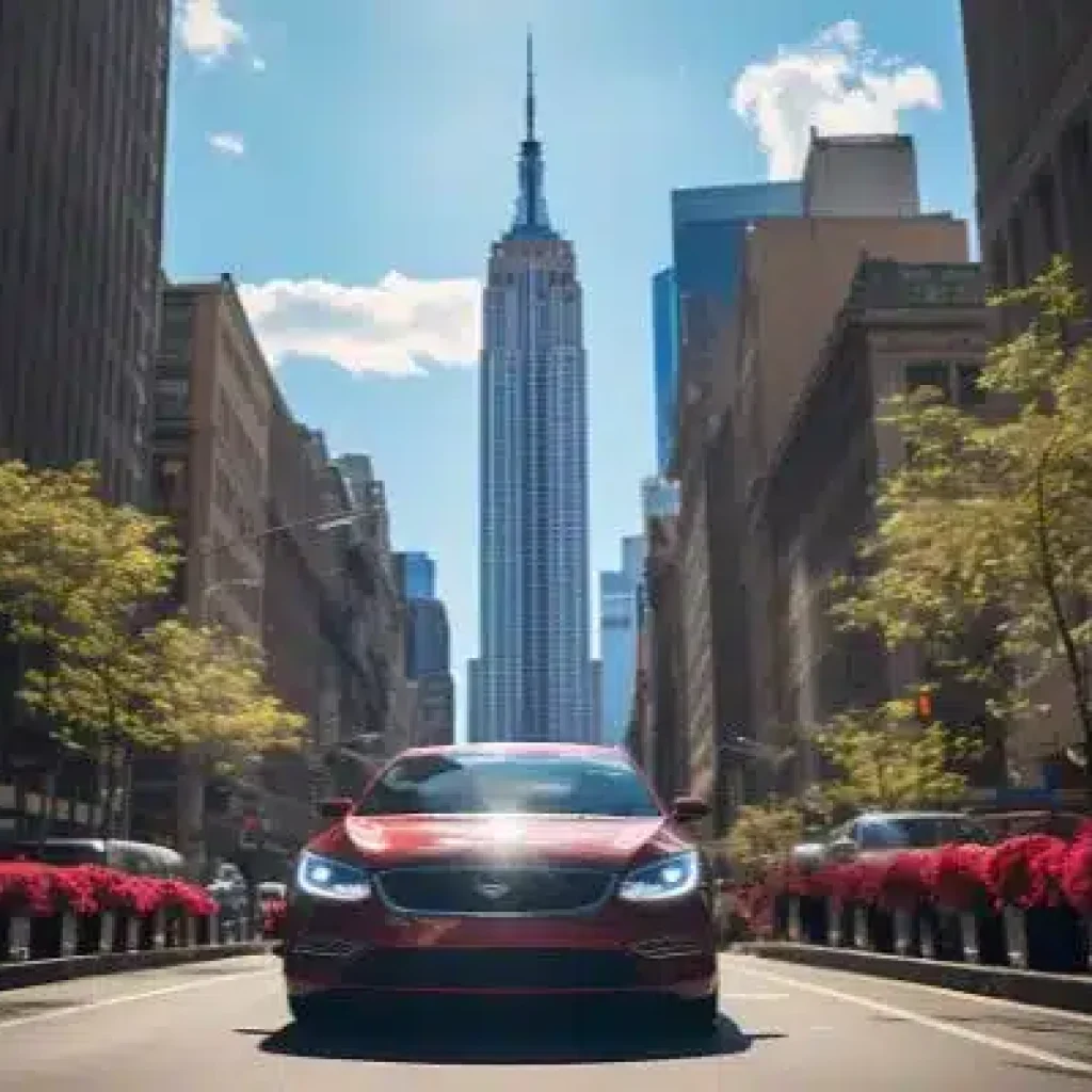 Luxury car service near JFK Airport with New York City skyline in the background